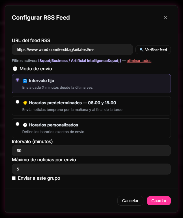 Configuración del feed RSS para distribución automática en el Dashboard de 9bot.