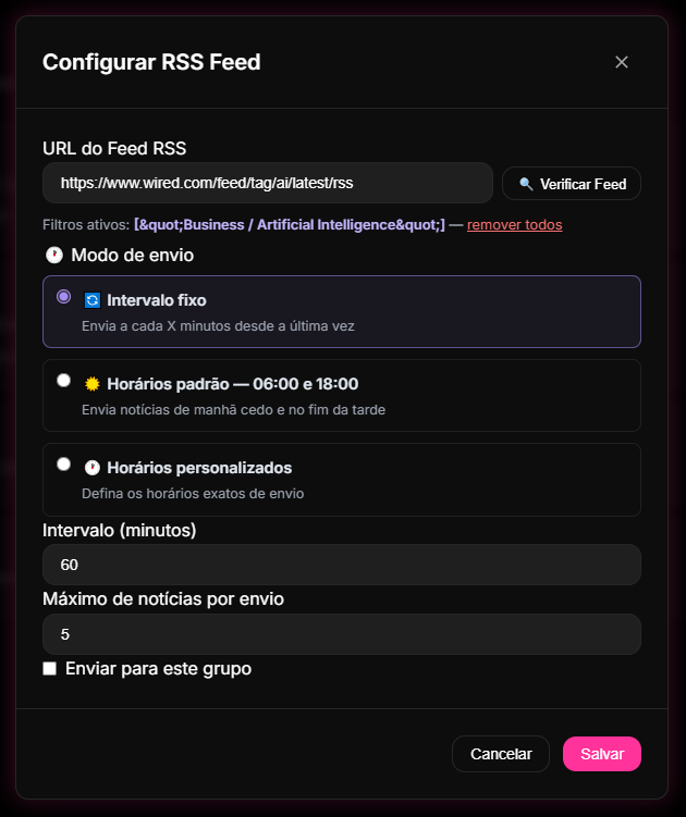 Tela de configuração de feeds RSS e entrega automática de notícias no Dashboard do 9bot.