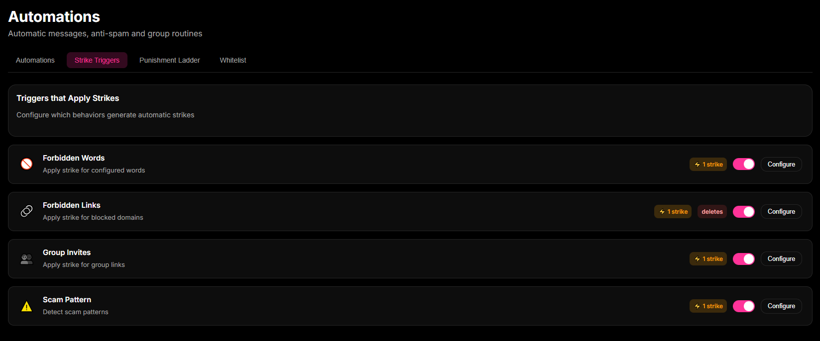 Active moderation settings showing custom antispam filters and border security variables in 9bot.