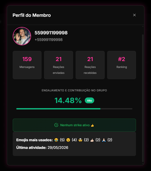 aba Membros e perfil do participante no Dashboard do 9bot.