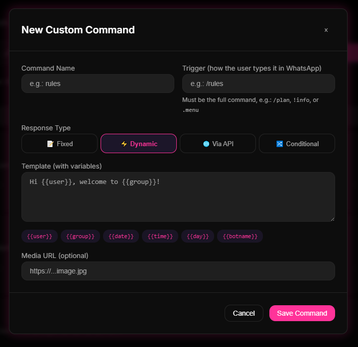 Self-service commands creation and configuration screen in the 9bot Dashboard.