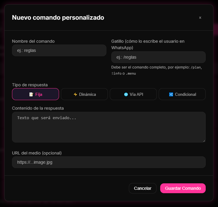 pantalla de creación y parametrización de comandos de autoservicio en el Dashboard de 9bot.