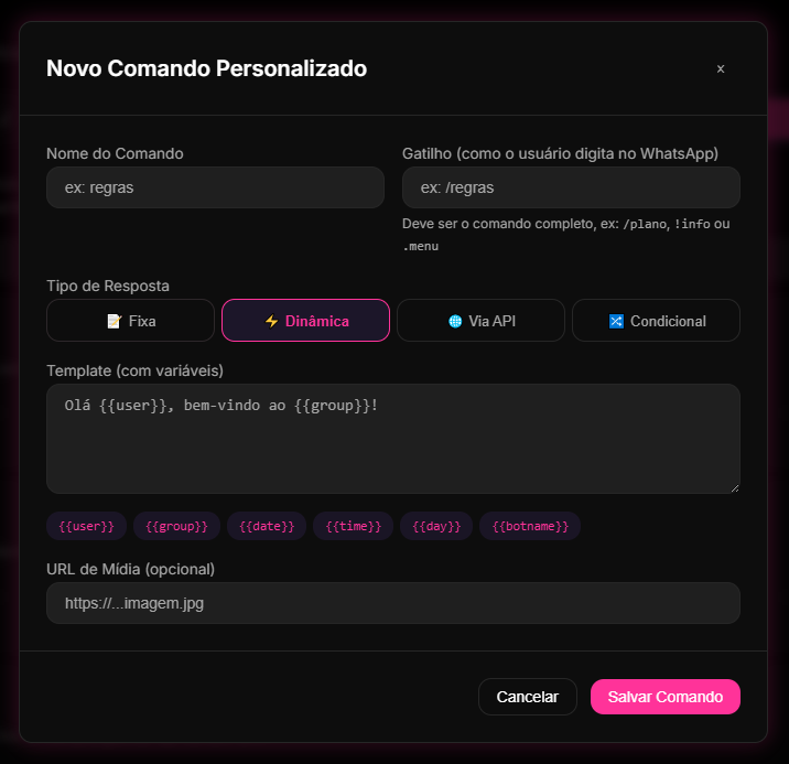 tela de criação e parametrização de comandos de autoatendimento no Dashboard do 9bot.