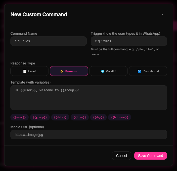 9bot Custom Commands panel setting up the poll command, multiple-choice question, and quick reply triggers.