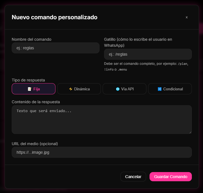 panel de Comandos Personalizados de 9bot configurando el comando de encuesta, la pregunta de opción múltiple y los parámetros de respuesta rápida.