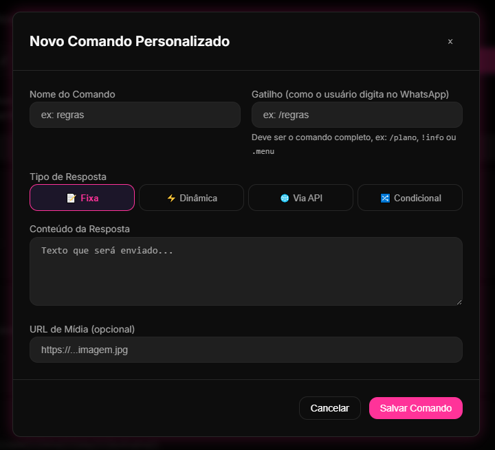 painel de Comandos Personalizados do 9bot configurando o comando de enquete, a pergunta de múltipla escolha e os parâmetros de resposta rápida.
