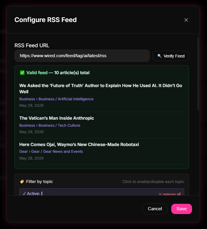 Suggested screen: RSS Feed module inside the Automações tab on the 9bot panel, setting up your XML feed URL.
