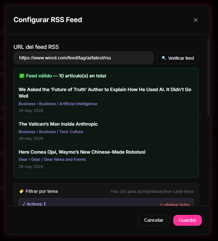 sección RSS Feed dentro de las Automações del panel de 9bot, permitiendo integrar la URL XML y verificar la conexión.