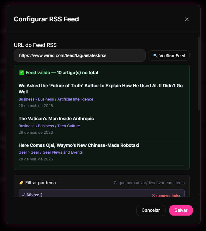 aba RSS Feed dentro do menu de Automações no painel do 9bot, inserindo a URL XML e testando a conexão com o portal.