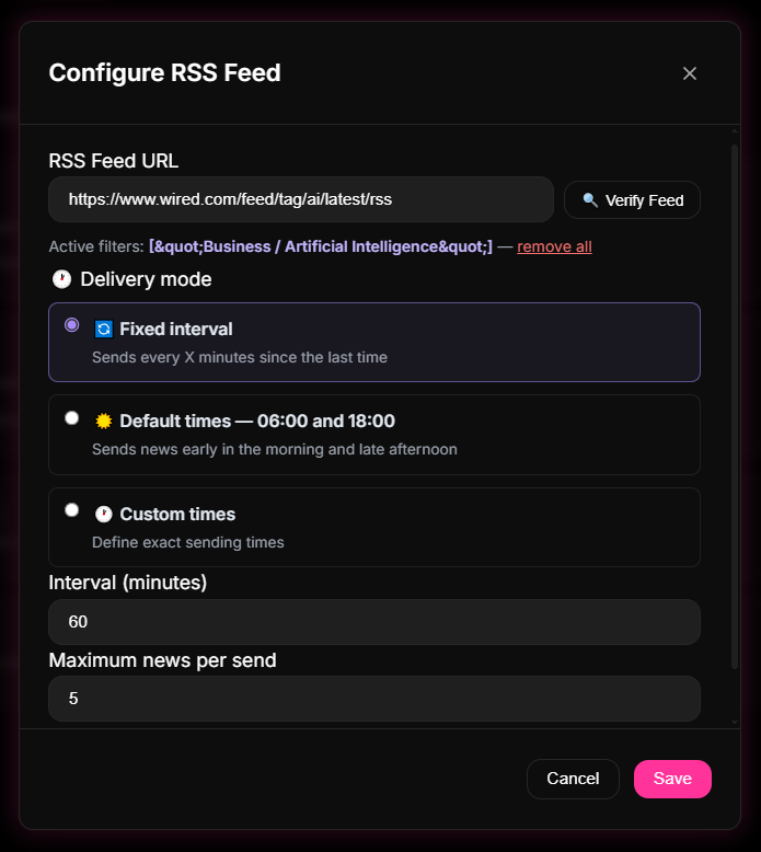 Suggested screen: Group assignment and check intervals calibration rules for RSS integrations in the 9bot Dashboard.