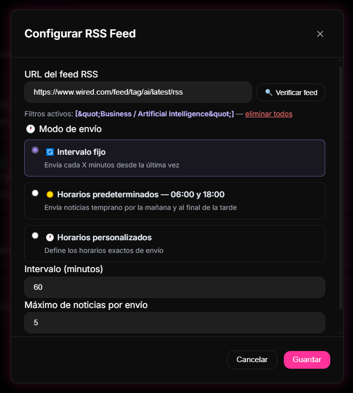 configuración de grupos de envío e intervalos de actualización del feed RSS en el panel de 9bot.