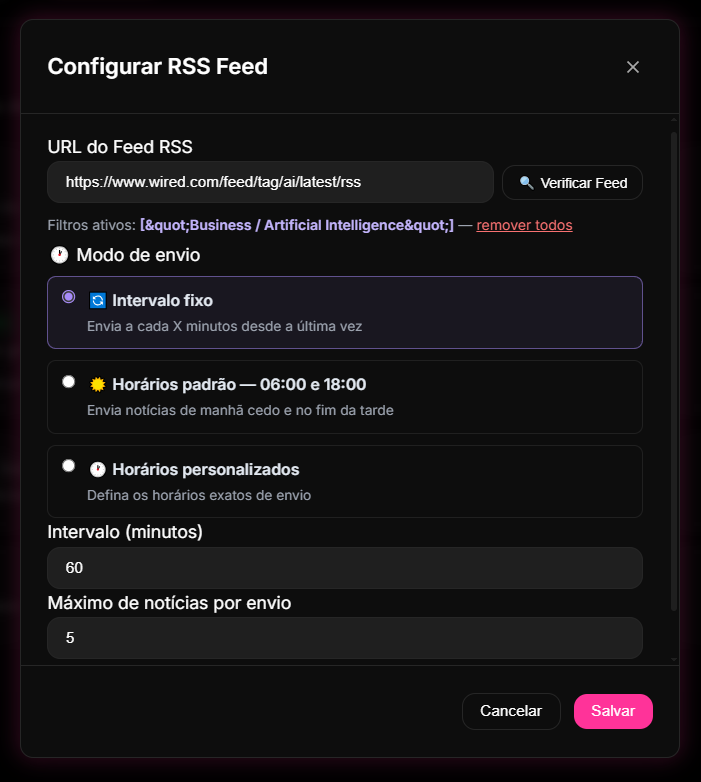 seleção de grupos-alvo e calibragem de intervalos de verificação de RSS no Dashboard de automações do 9bot.