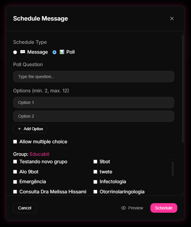 Print placeholder: Comandos > Comandos Personalizados creation flow for dynamic satisfaction polls.