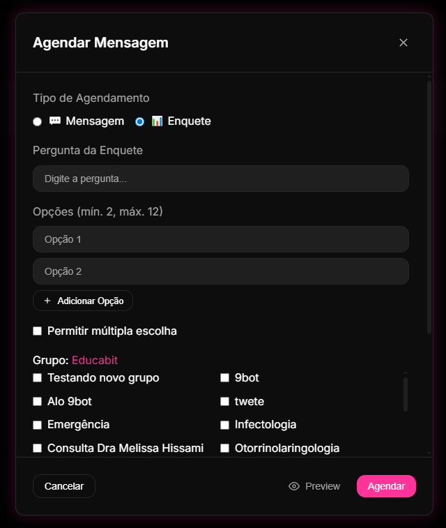 tela de criação de Comandos Personalizados no painel do 9bot, mostrando o gatilho para a enquete interativa de feedback.