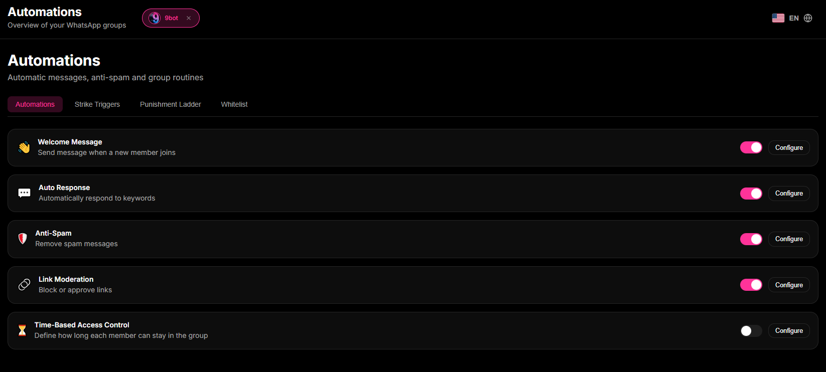 Anti-Spam and Link Moderation settings view in the 9bot administrative dashboard.