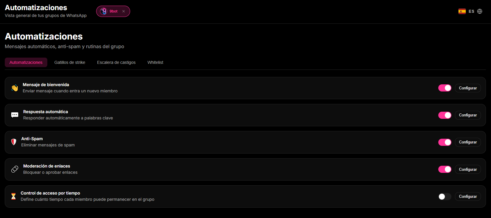 Pantalla de configuración de Anti-Spam y Moderación de Enlaces en el dashboard administrativo de 9bot.