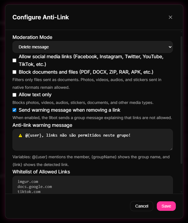 Strike warning system and automatic alerts configuration against misinformation in 9bot.