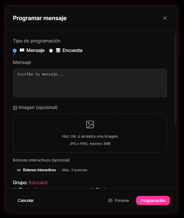 pestaña Programaciones del menú Automatizaciones en el panel de 9bot, programando horarios de boletines informativos y calibrando plazos de seguridad.