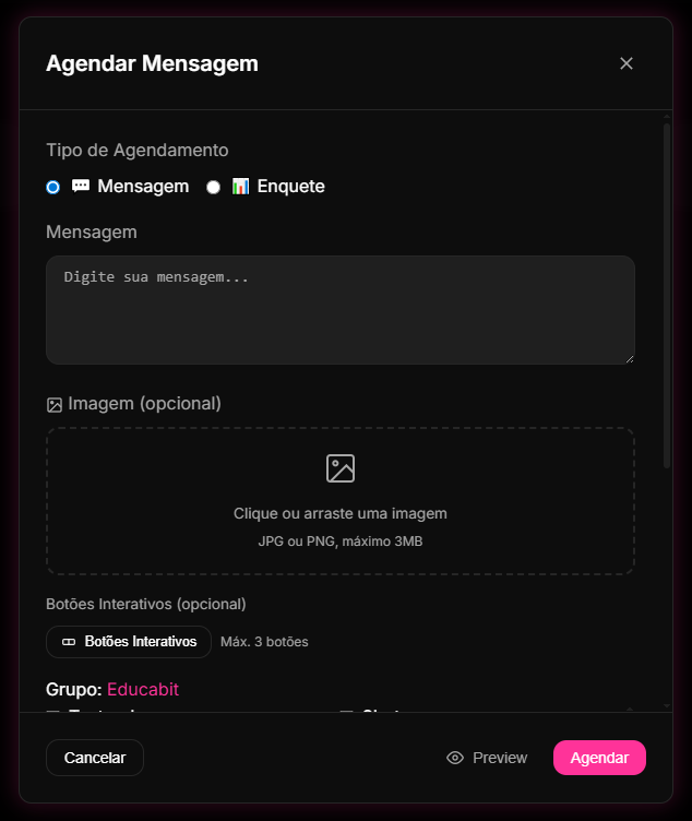 aba de Agendamentos do menu de Automações no painel do 9bot, programando horários de disparos diários de boletins informativos e calibrando intervalos de segurança.
