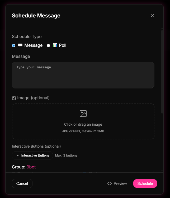 Print placeholder: creating and scheduling interactive polls in the Agendamentos section of the 9bot Dashboard.
