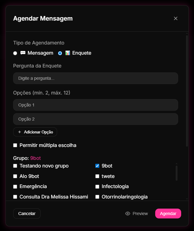 criação e agendamento de enquetes interativas na aba Agendamentos do Dashboard de 9bot.
