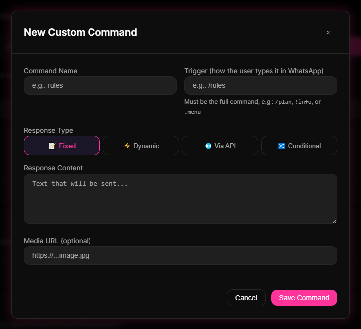 Print placeholder: setting up an engaging self-service menu in the Comandos Personalizados section of the 9bot Dashboard.