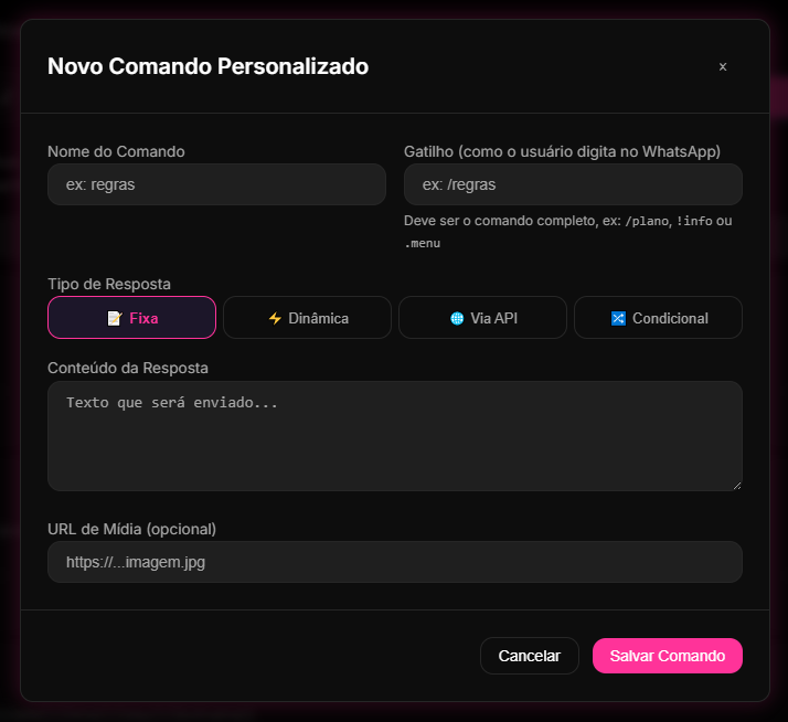 aba Comandos Personalizados configurando um menu atrativo de autoatendimento para os participantes digitarem no chat.