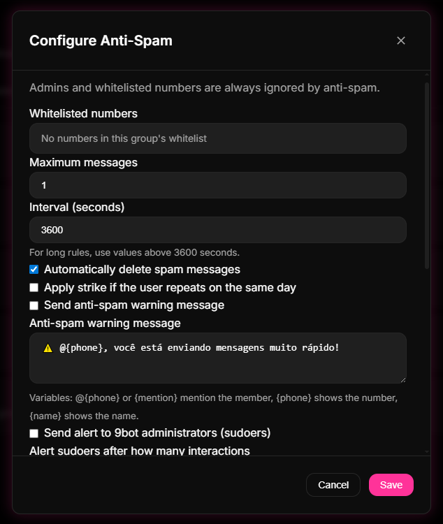 Print placeholder: Moderação rules and strikes control settings in the 9bot Dashboard to prevent chat noise.