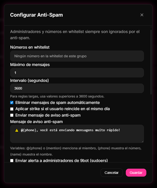 sección Moderação configurando filtros perimetrales y advertencias automáticas en el panel de 9bot.