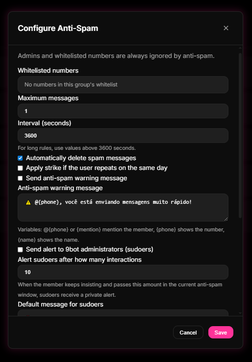 Anti-Spam configuration screen inside 9bot's Dashboard, allowing administrators to customize active message rate thresholds.