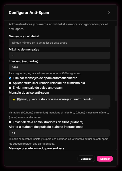 pantalla de configuración de Anti-Spam dentro del Dashboard de 9bot, que permite a los administradores personalizar los límites de tasa de mensajes y excepciones.