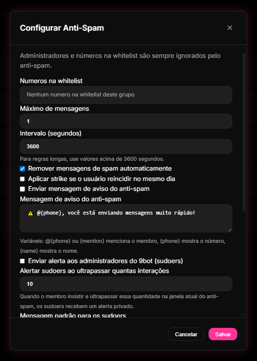 tela do painel de controle do Anti-Spam no Dashboard do 9bot, permitindo a parametrização de limites e regras de whitelist.