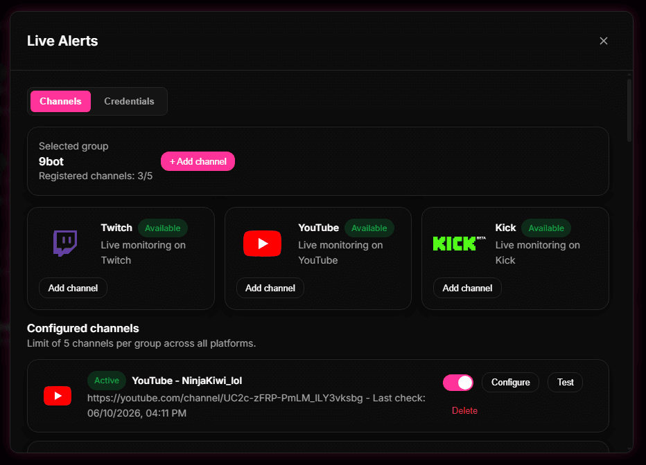 Step 1: Connect your streaming platform in the 9bot Dashboard
