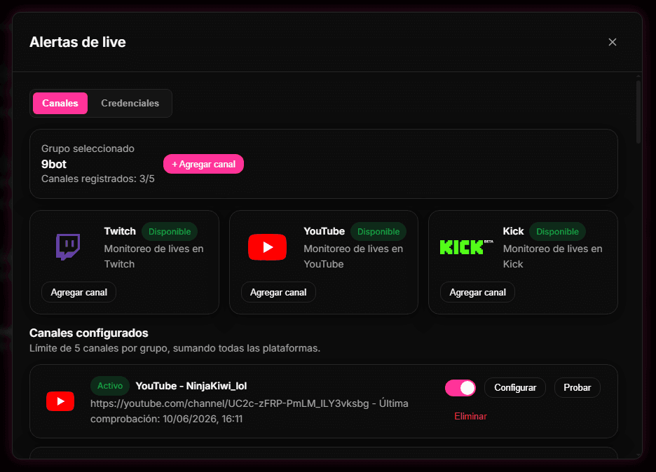 Paso 1: Conecta tu plataforma de streaming en el Dashboard de 9bot