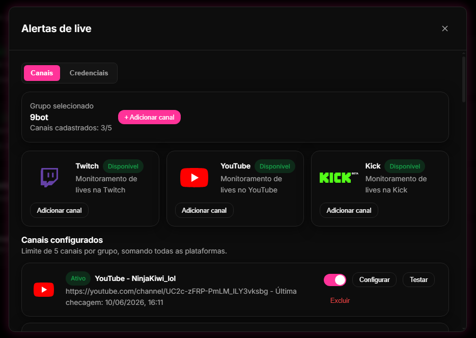 Passo 1: Conectar a Plataforma de Streaming no Dashboard do 9bot