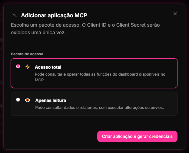 Primeira tela em português para adicionar uma aplicação MCP no 9bot