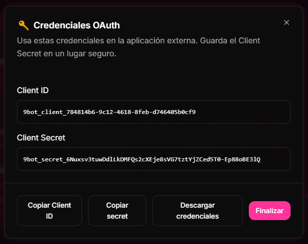 Segunda pantalla en español para configurar una aplicación MCP en 9bot