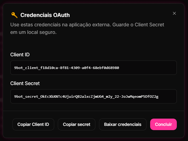 Segunda tela em português para configurar uma aplicação MCP no 9bot