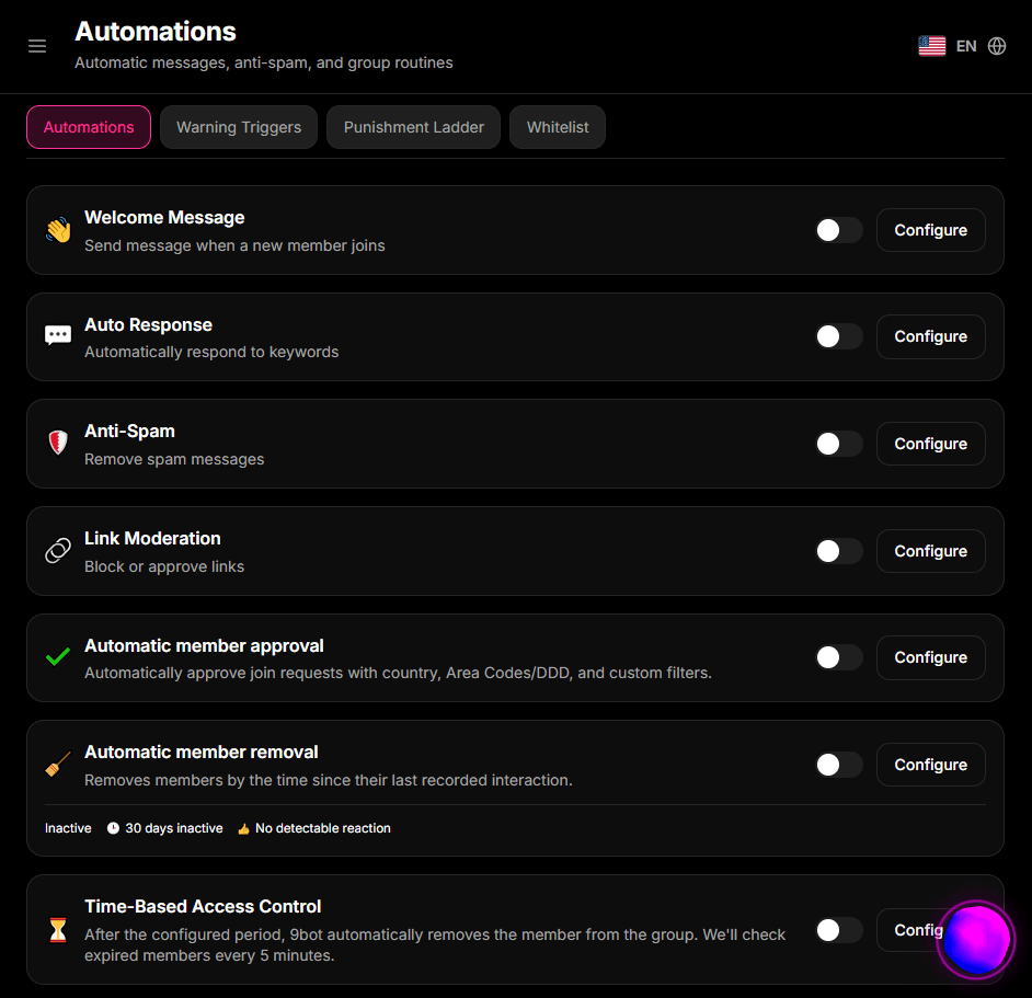 Screenshot of the 9bot automation catalog in English
