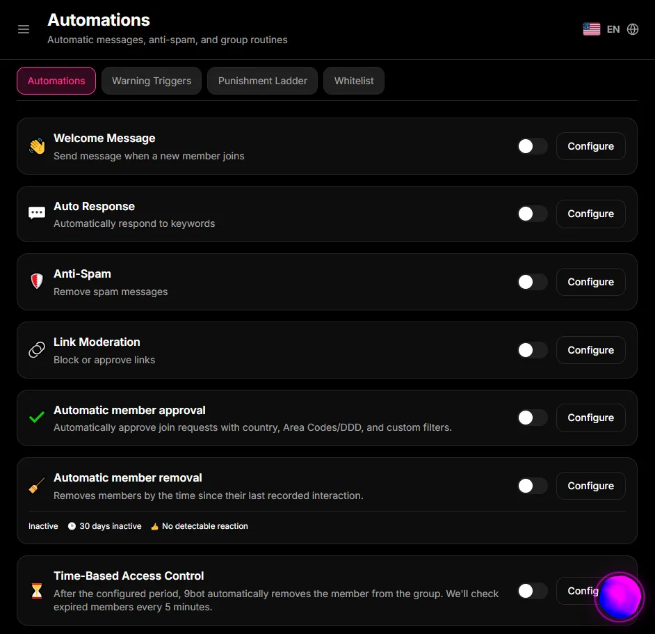 Screenshot of the 9bot automation catalog in English