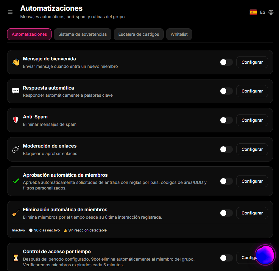 Captura del catálogo de automatizaciones de 9bot en español