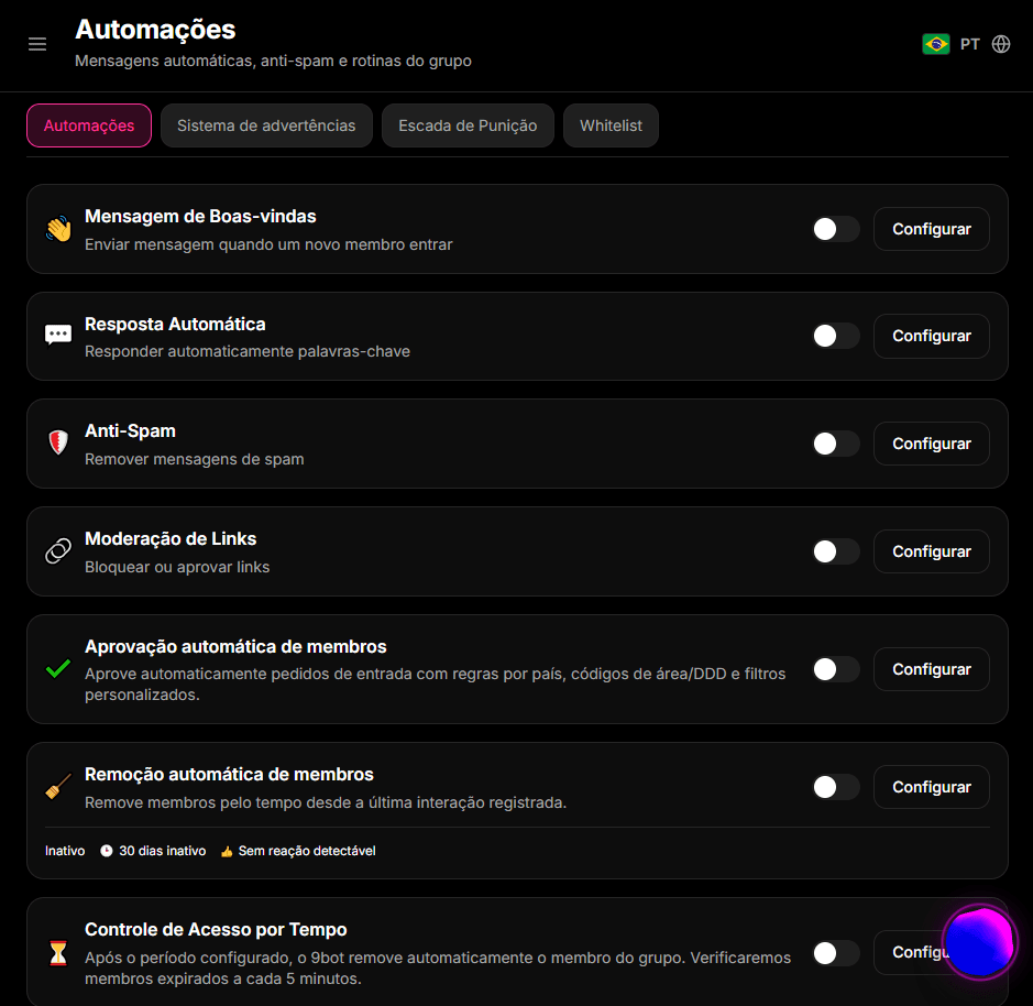 Captura do catálogo de automações do 9bot em português