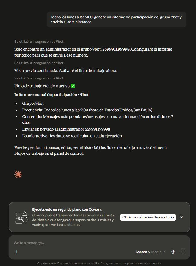 Conversación en Claude en español que crea y activa un informe semanal de interacción mediante la integración de 9bot