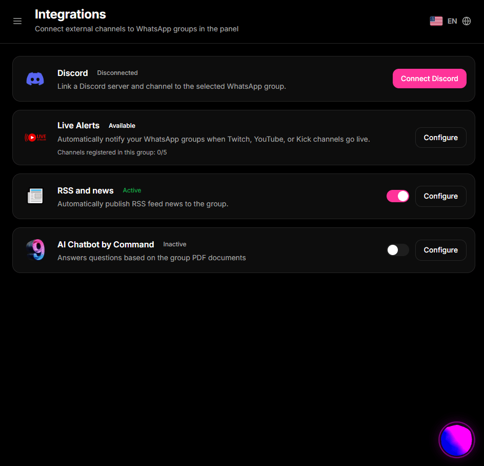 Screenshot of the 9bot integrations page in English