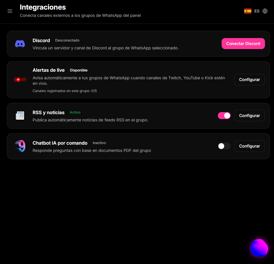 Captura de la página de integraciones de 9bot en español