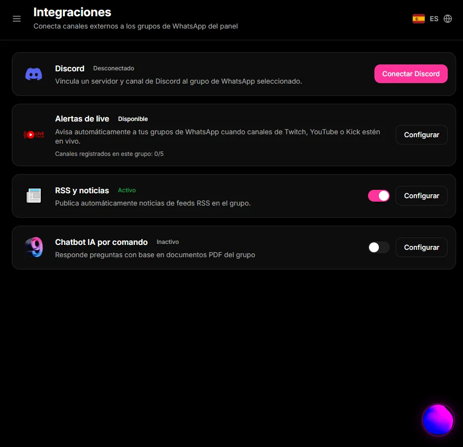 Captura de la página de integraciones de 9bot en español