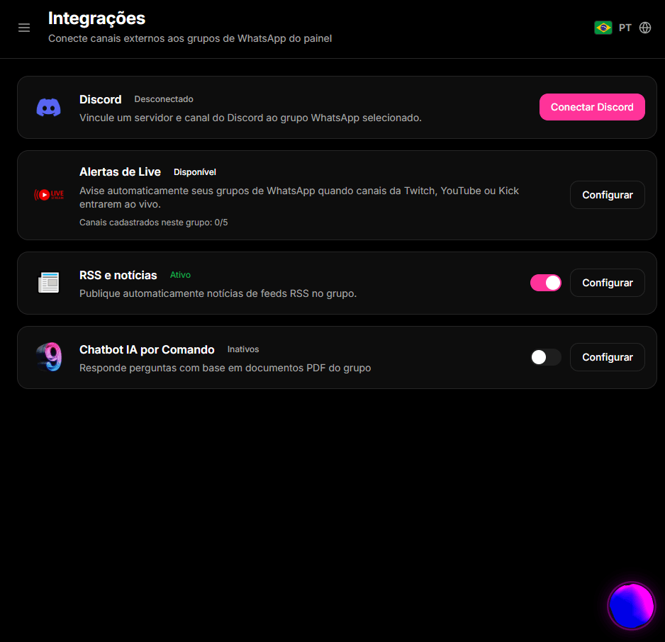 Captura da página de integrações do 9bot em português