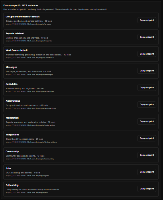 9bot screen in English showing domain-based MCP instances and each toolset endpoint