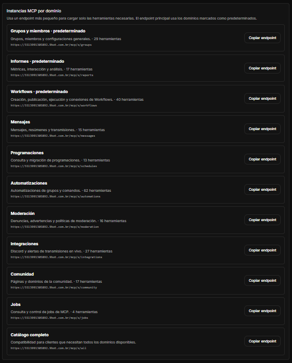 Pantalla de 9bot en español con las instancias MCP por dominio y el endpoint de cada toolset