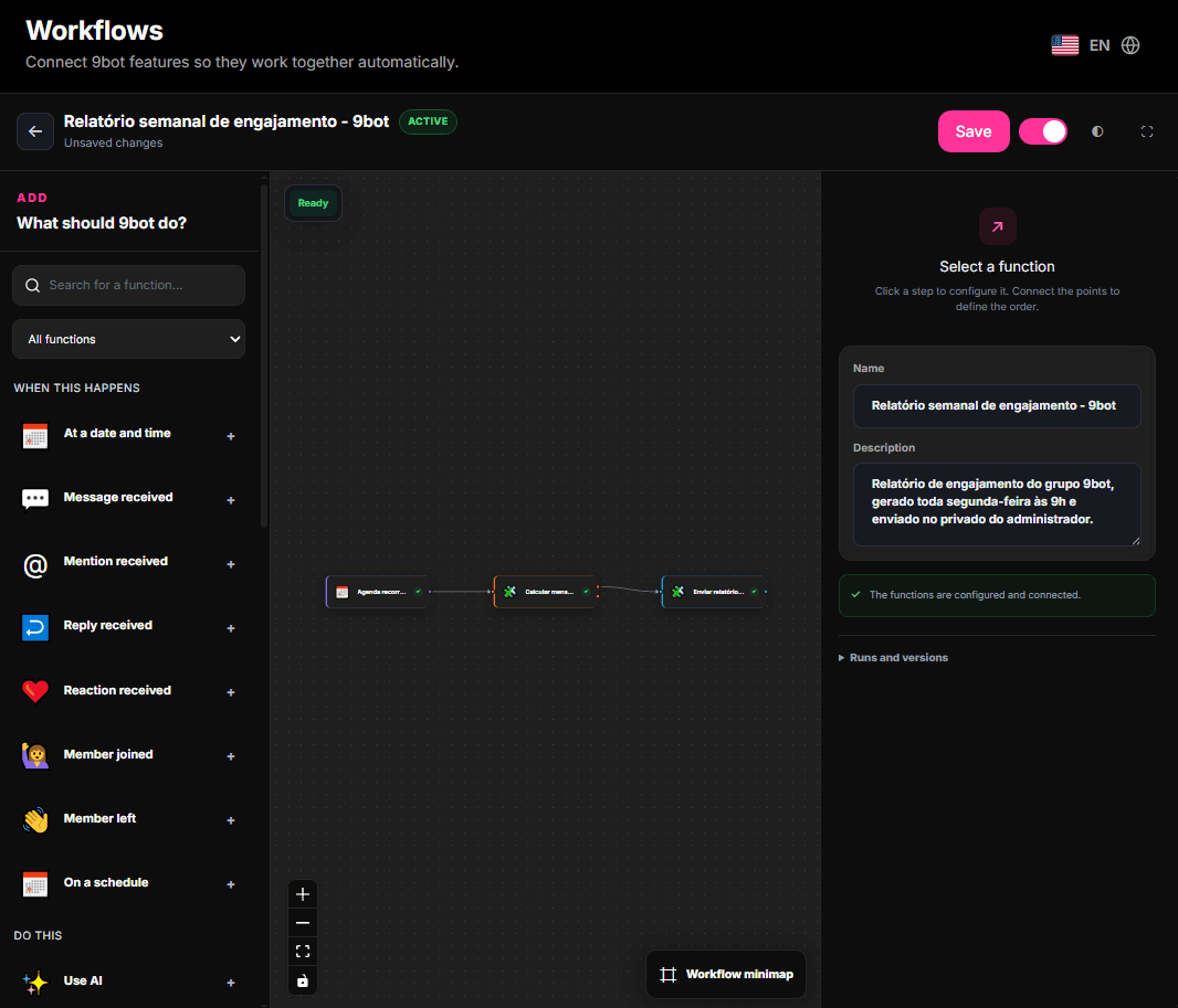 9bot visual editor showing an active weekly engagement report Workflow in English